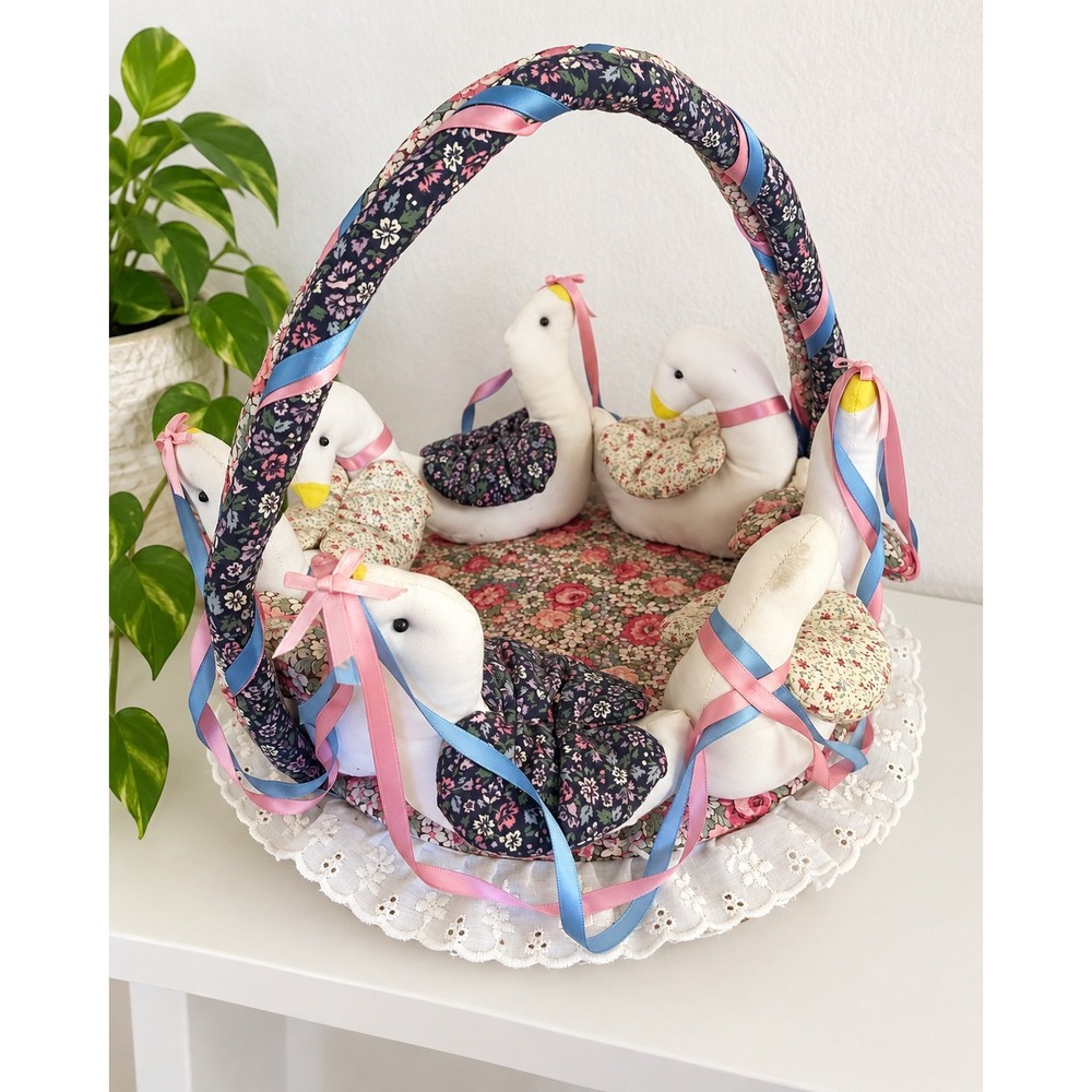 Vintage Handmade Goose Basket Floral Fabric Lace Cottagecore Folk Art Decor 80s